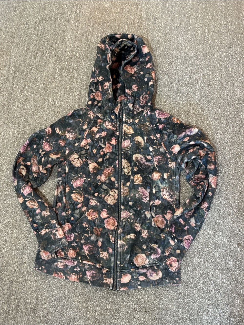 Floral Print Hooded Jacket - Black with Pink & Brown Roses-LuLuLemon